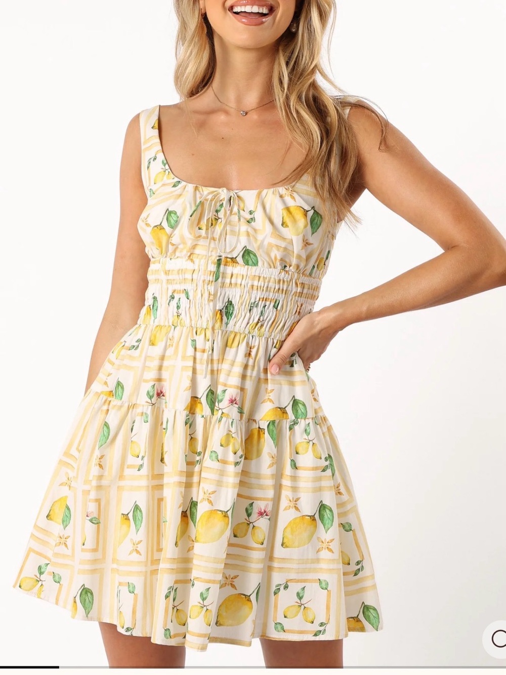 Petal & Pup White and Yellow Lemon Print Smocked Mini Dress